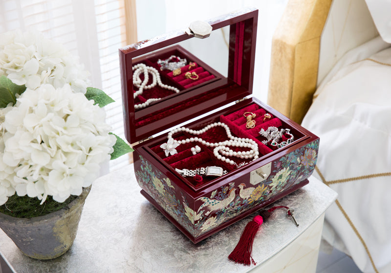 Peacock 3-Tier Rounded Jewelry Box (Red) - by Kim Yong-gwan (Small, 24 cm)