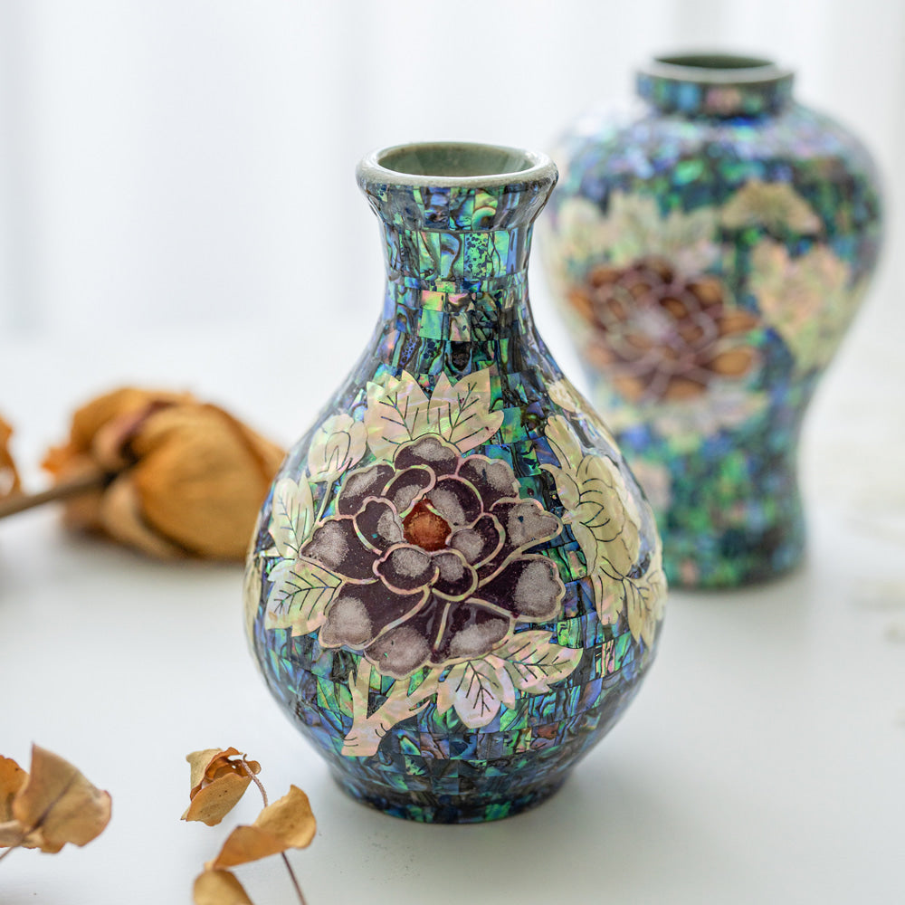 Premium Natural Mother-of-Pearl Celadon Maebyeong Vase with Peony Design