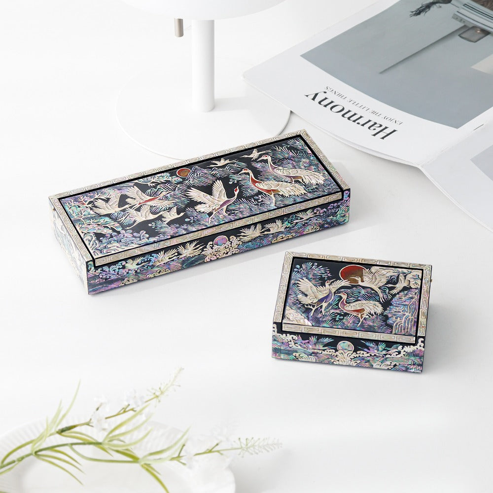 Premium 2-Piece Najeonchilgi Auto Open Crane and Pine Pen Box and Business Card Box