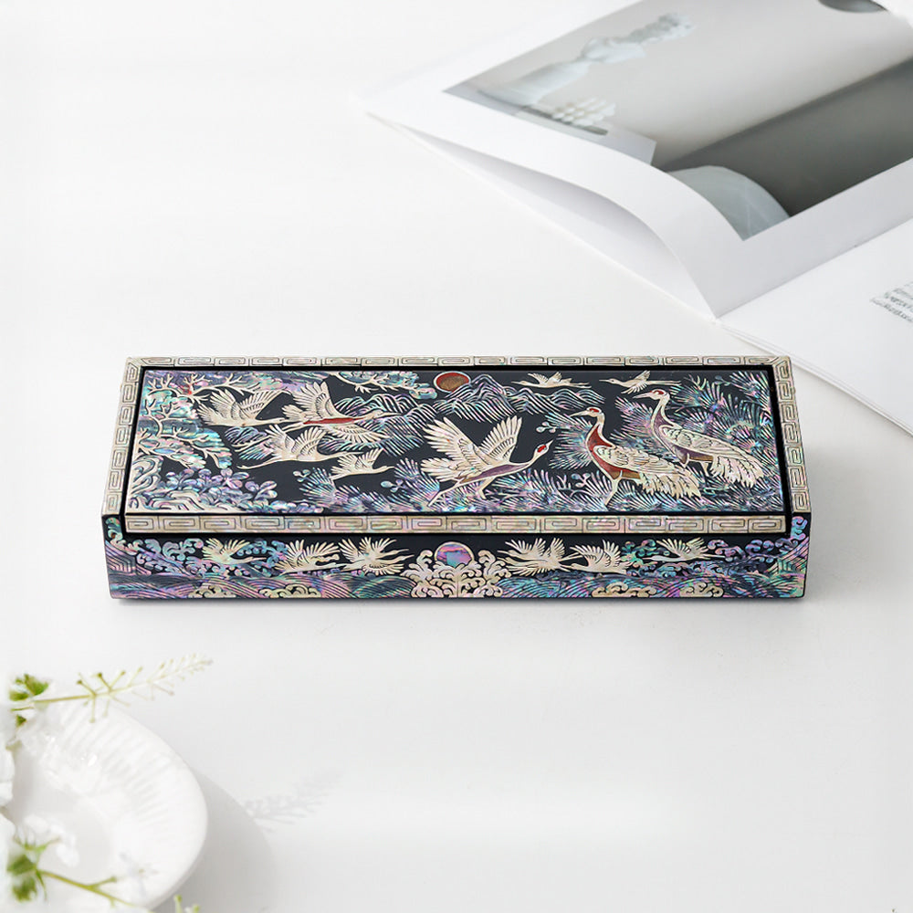 Premium 2-Piece Najeonchilgi Auto Open Crane and Pine Pen Box and Business Card Box