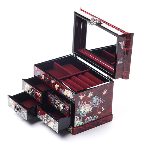 Peony Scholar 5-Drawer Mother of Pearl Jewelry Box Medium, red hanji – open with mirror and drawers
