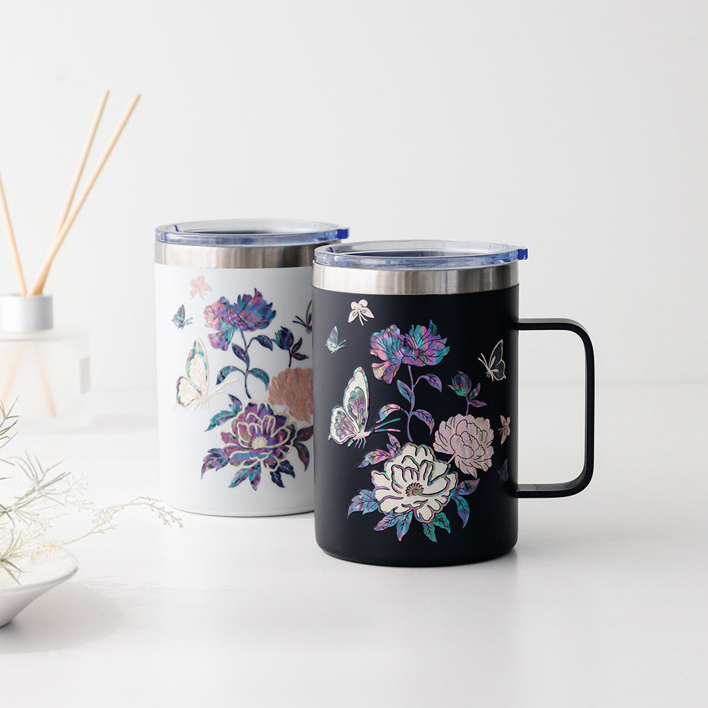 Najeonchilgi Stainless Steel Mug with Butterfly and Peony, 460 ml