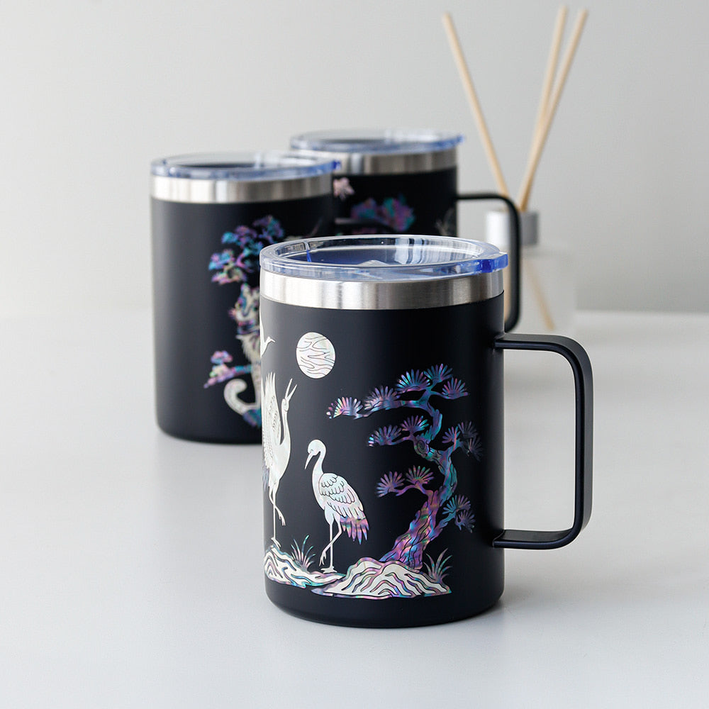 Najeonchilgi Stainless Steel Mug with Crane and Pine, 460 ml