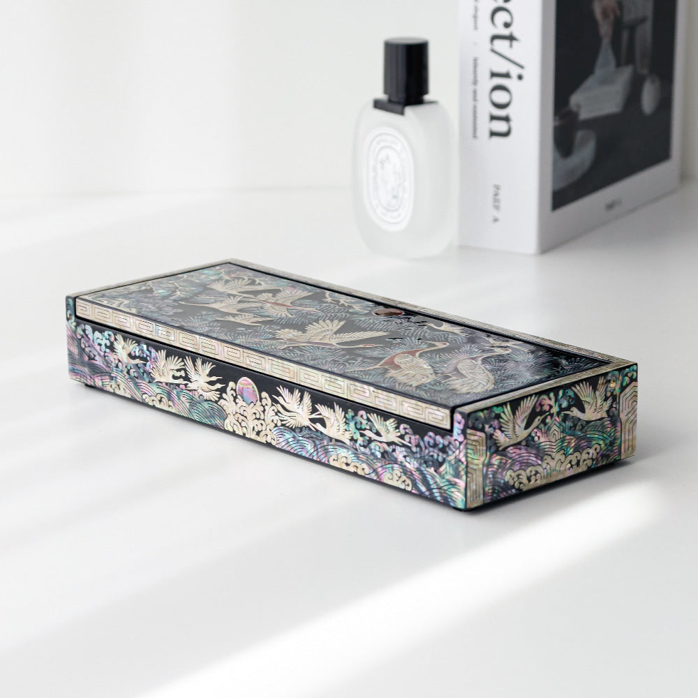 Premium Najeonchilgi Auto Open Crane and Pine Mother-of-Pearl Pen Box