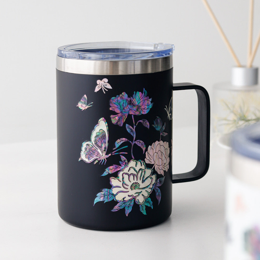 Najeonchilgi Stainless Steel Mug with Butterfly and Peony, 460 ml