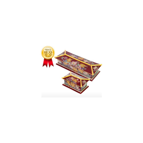 2-Piece Set: Masterpiece Najeon Gold Trimmed Chrysanthemum Roof Tile Pen Case Red Business Card Case (Master Artisan Kim Yong-gwan) – detail view 1 [KS-CUT:P0000GTH:36fb6c8a8db8]