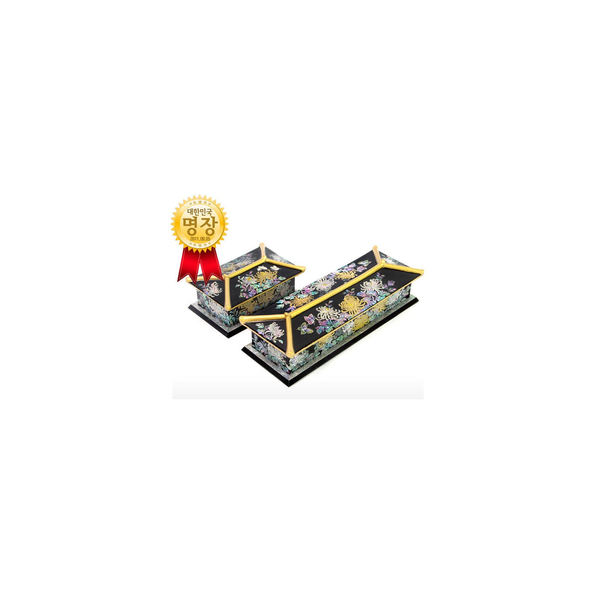2-Piece Set: Masterpiece Najeon Gold Trimmed Chrysanthemum Roof Tile Pen Case Black Business Card Case (Master Artisan Kim Yong-gwan) – detail view 1 [KS-CUT:P0000GTG:ba709d31d48e]