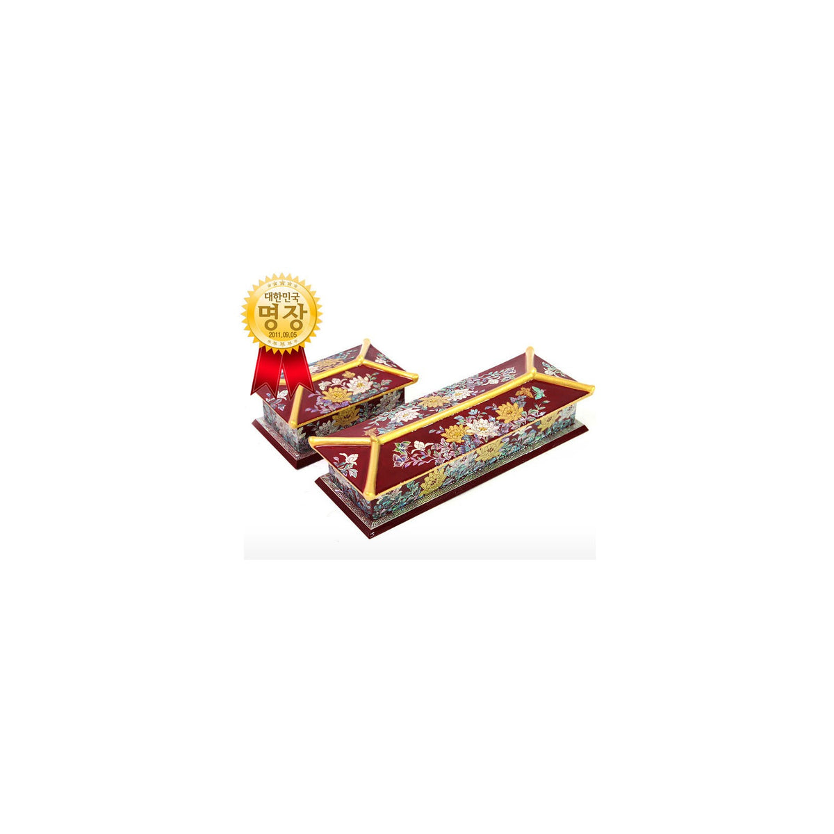 2-Piece Set: Masterpiece Najeon Gold Trimmed Peony Roof Tile Pen Case Red Business Card Case (Master Artisan Kim Yong-gwan) – detail view 1 [KS-CUT:P0000JYP:d1a24f94b07b]