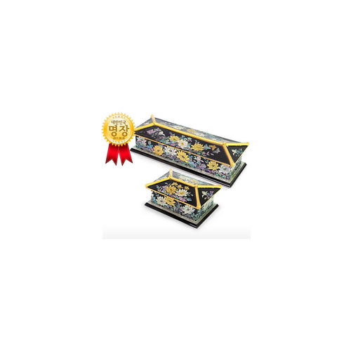 2-Piece Set: Masterpiece Najeon Gold Trimmed Peony Roof Tile Pen Case Black Business Card Case (Master Artisan Kim Yong-gwan) – detail view 1 [KS-CUT:P0000JYQ:c0218f1b2cf9]