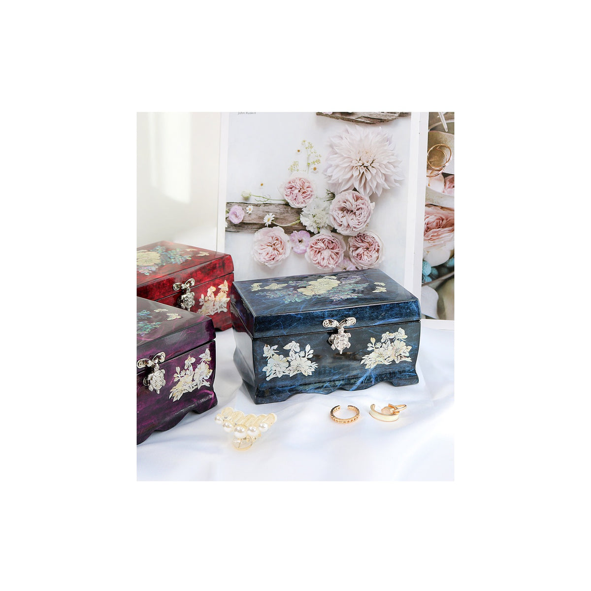 Hanji Rounded Plum & Butterfly Peony Flower Mother of Pearl Jewelry Box Jewelry Box Keepsake Ring Box, 15 cm – detail view 1 [KS-CUT:P0000LQN:a2fac5b3793a]