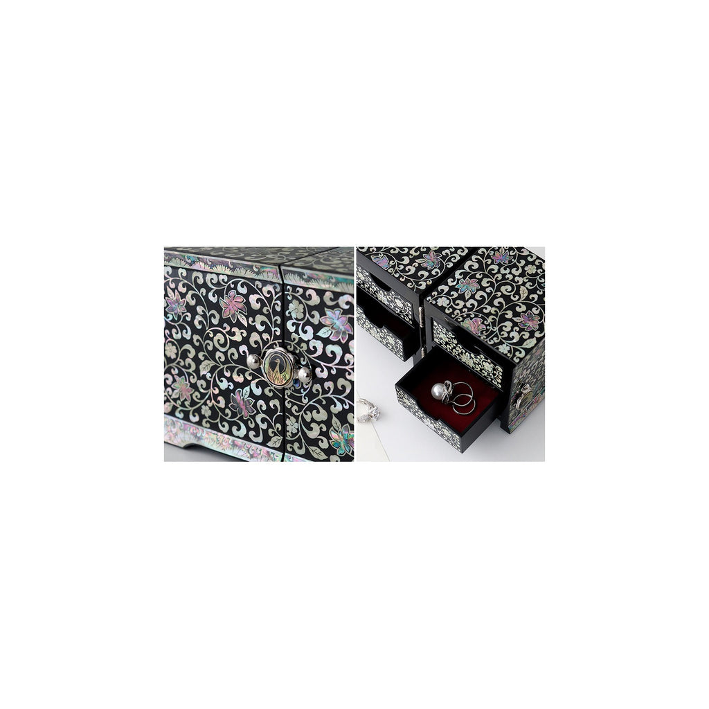 Masterpiece Peony Arabesque Seonbi Scholar Double Lidded Secret Mother of Pearl Jewelry Box Jewelry Box Najeonchilgi (Master Artisan Jang Tae-bok) – detail view 2 [KS-CUT:P0000PMG:429c926308d9]