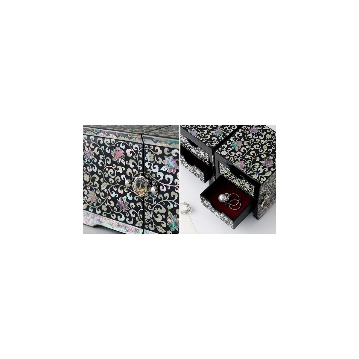 Masterpiece Peony Arabesque Seonbi Scholar Double Lidded Secret Mother of Pearl Jewelry Box Jewelry Box Najeonchilgi (Master Artisan Jang Tae-bok) – detail view 2 [KS-CUT:P0000PMG:429c926308d9]