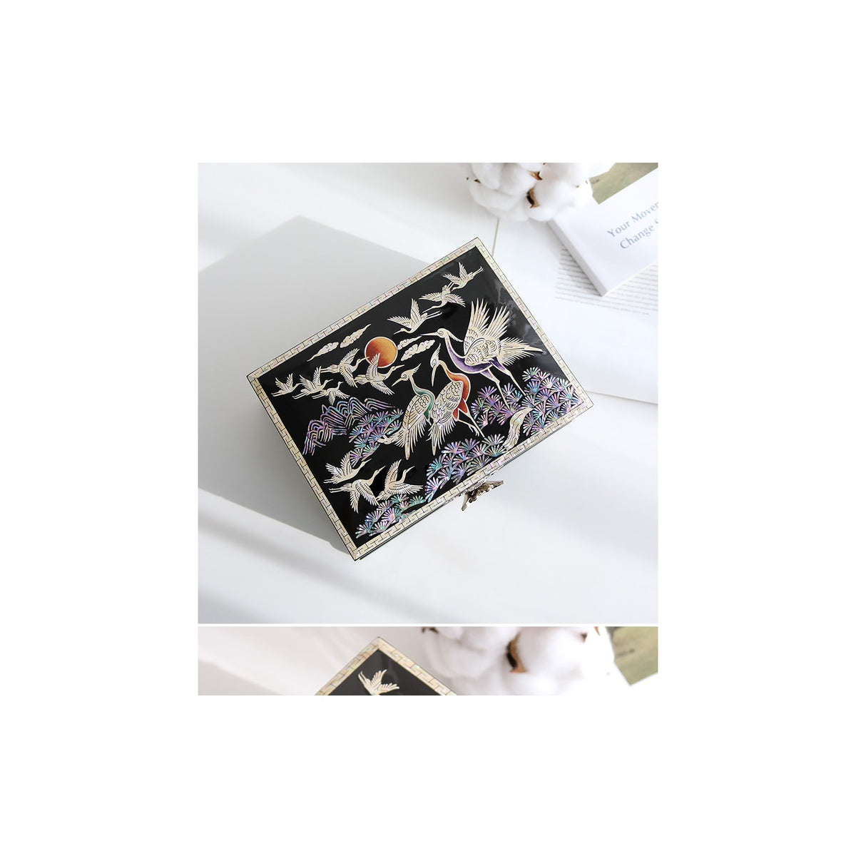 Najeonchilgi Painted Moon Pine & Crane Mother of Pearl Jewelry Box Black, 18 cm – detail view 2 [KS-CUT:P0000WWI:8295a46e4d89]