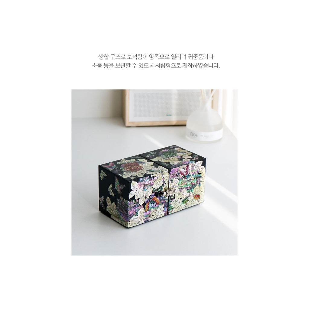 Najeonchilgi Hydrangea Double Lidded Mother of Pearl Jewelry Box Black (Master Artisan Jang Tae-bok) – detail view 2 [KS-CUT:P0000IRI:8ba214a6fde8]