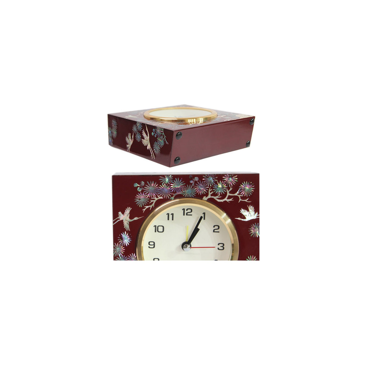 Masterpiece Najeon Square Pine & Crane (Red) Desk Dragon Clock (Master Artisan Jang Tae-bok) – detail view 4 [KS-CUT:P0000ECB:b670f8a95d9e]