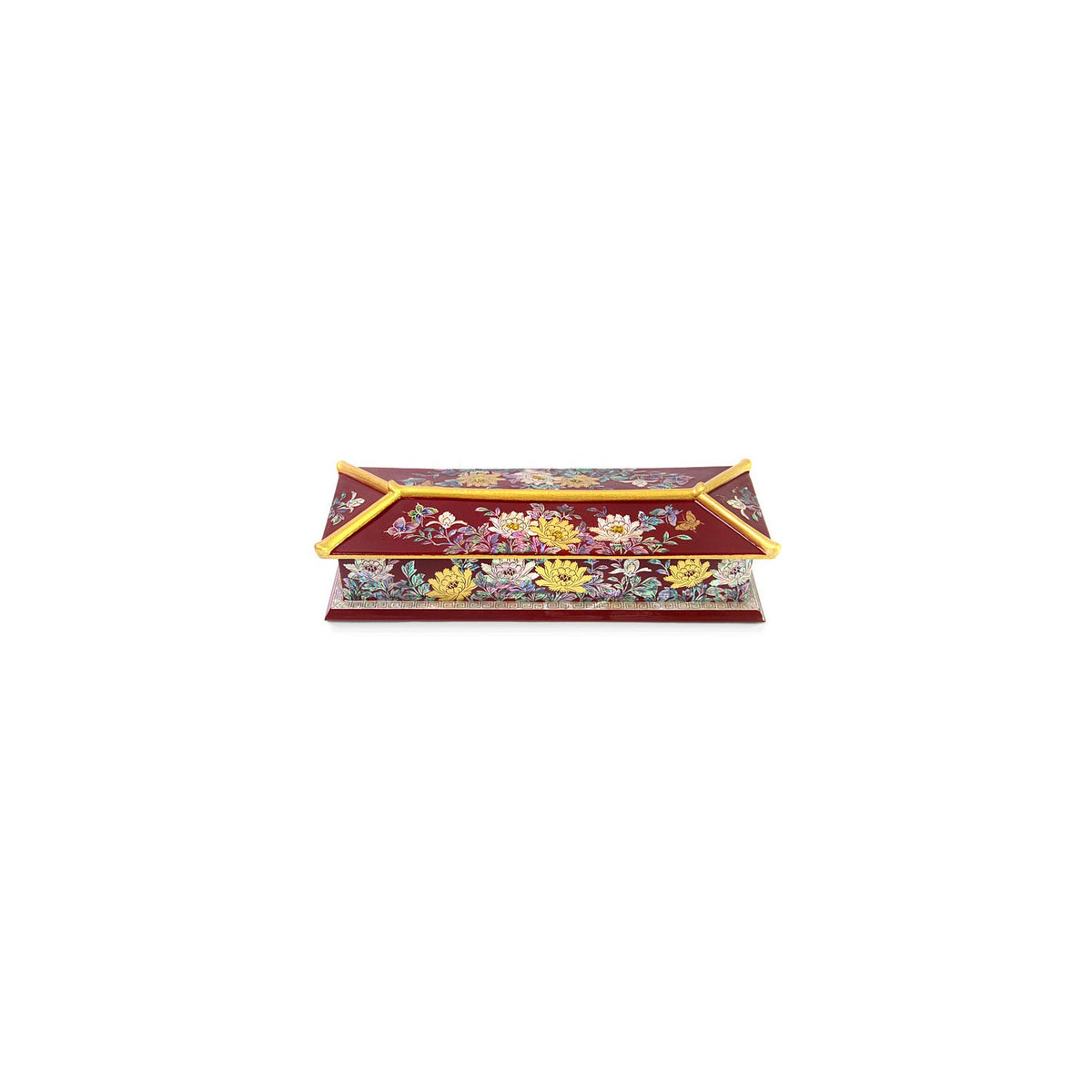 2-Piece Set: Masterpiece Najeon Gold Trimmed Peony Roof Tile Pen Case Red Business Card Case (Master Artisan Kim Yong-gwan) – detail view 4 [KS-CUT:P0000JYP:5cea39c23e80]