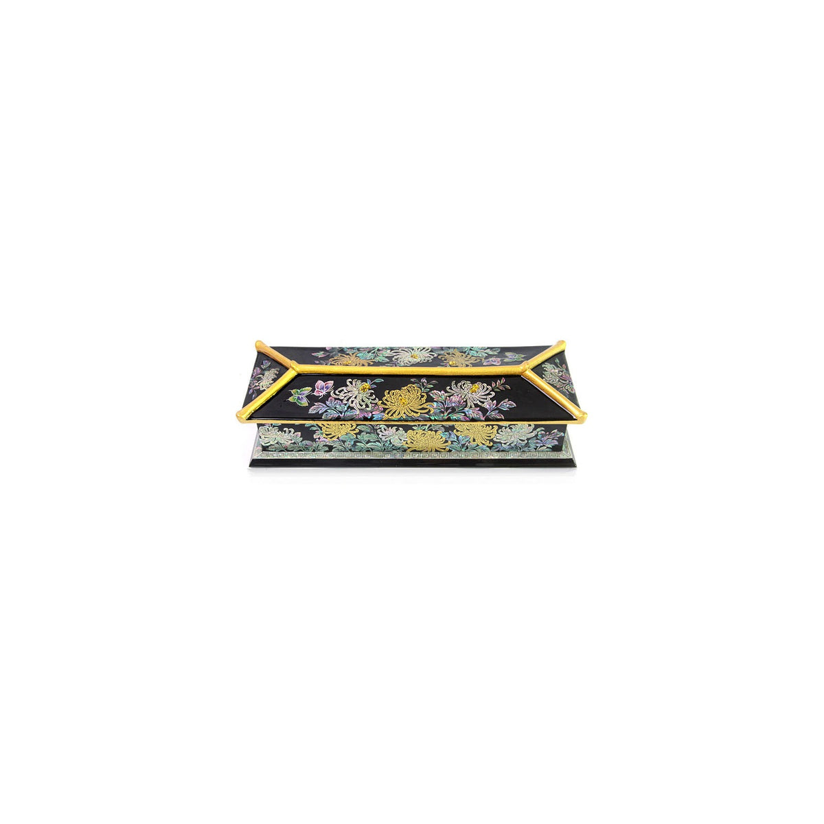 2-Piece Set: Masterpiece Najeon Gold Trimmed Chrysanthemum Roof Tile Pen Case Black Business Card Case (Master Artisan Kim Yong-gwan) – detail view 4 [KS-CUT:P0000GTG:405e782b1595]
