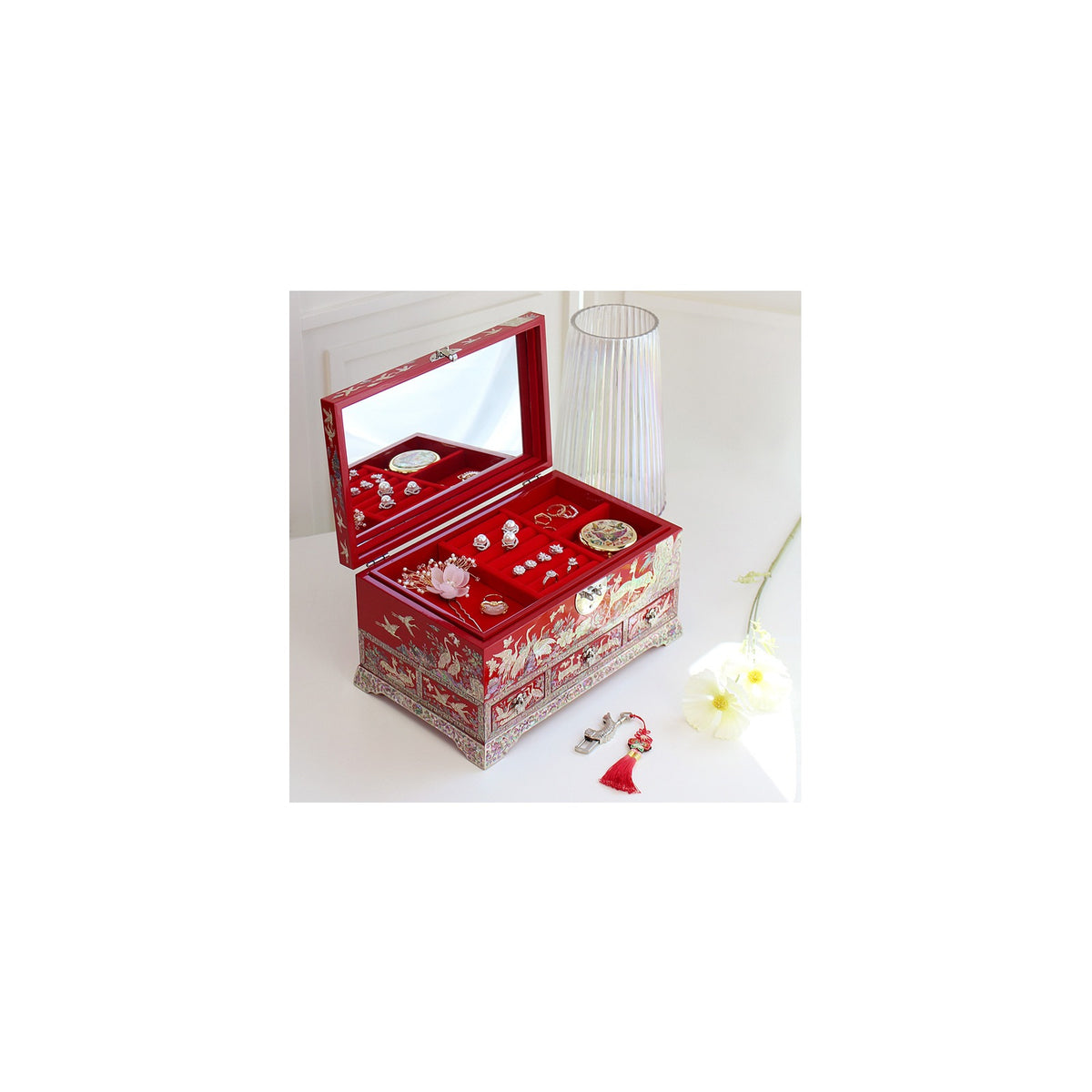 Premium Najeonchilgi Drawer Flower Pine & Crane Saju Jewelry Box Red Jewelry Box Yedan Wedding Gift Box, 32 cm – detail view 4 [KS-CUT:P0000SYX:4400c35d57b2]