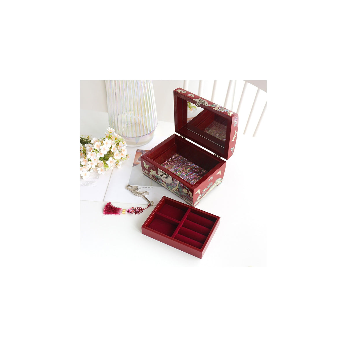 Premium 2 Tier Najeonchilgi Rounded Peony Red Mother of Pearl Jewelry Box Jewelry Box, 18 cm (Master Artisan Jang Tae-bok) – detail view 5 [KS-CUT:P0000LIQ:86e56bee70db]