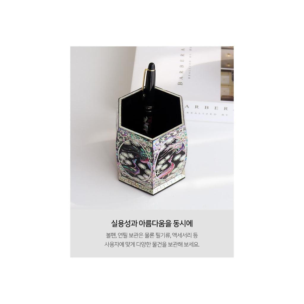 Premium Najeon Hexagonal Pine & Crane Black Pen Holder Pencil Holder (Master Artisan Jang Tae-bok) – detail view 5 [KS-CUT:P0000DRM:066da33a4c56]
