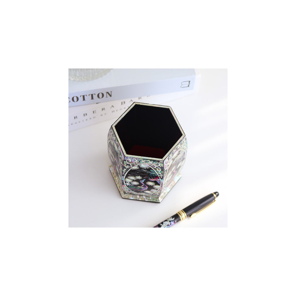 Premium Najeon Hexagonal Pine & Crane Black Pen Holder Pencil Holder (Master Artisan Jang Tae-bok) – detail view 6 [KS-CUT:P0000DRM:f782c732c2e7]