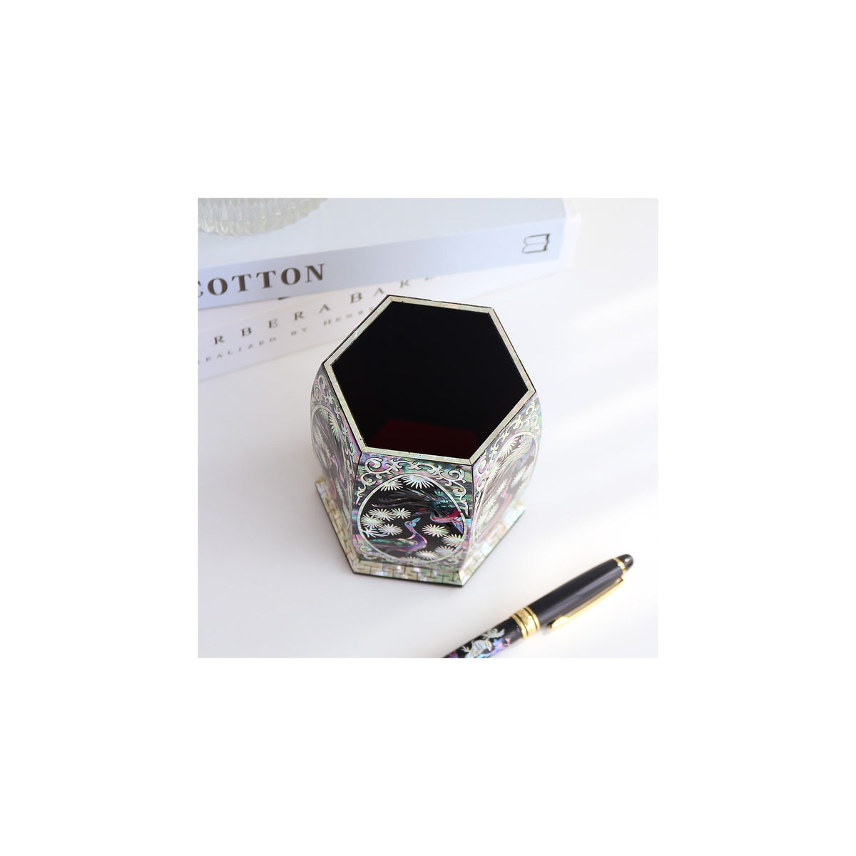 Premium Najeon Hexagonal Pine & Crane Black Pen Holder Pencil Holder (Master Artisan Jang Tae-bok) – detail view 6 [KS-CUT:P0000DRM:f782c732c2e7]