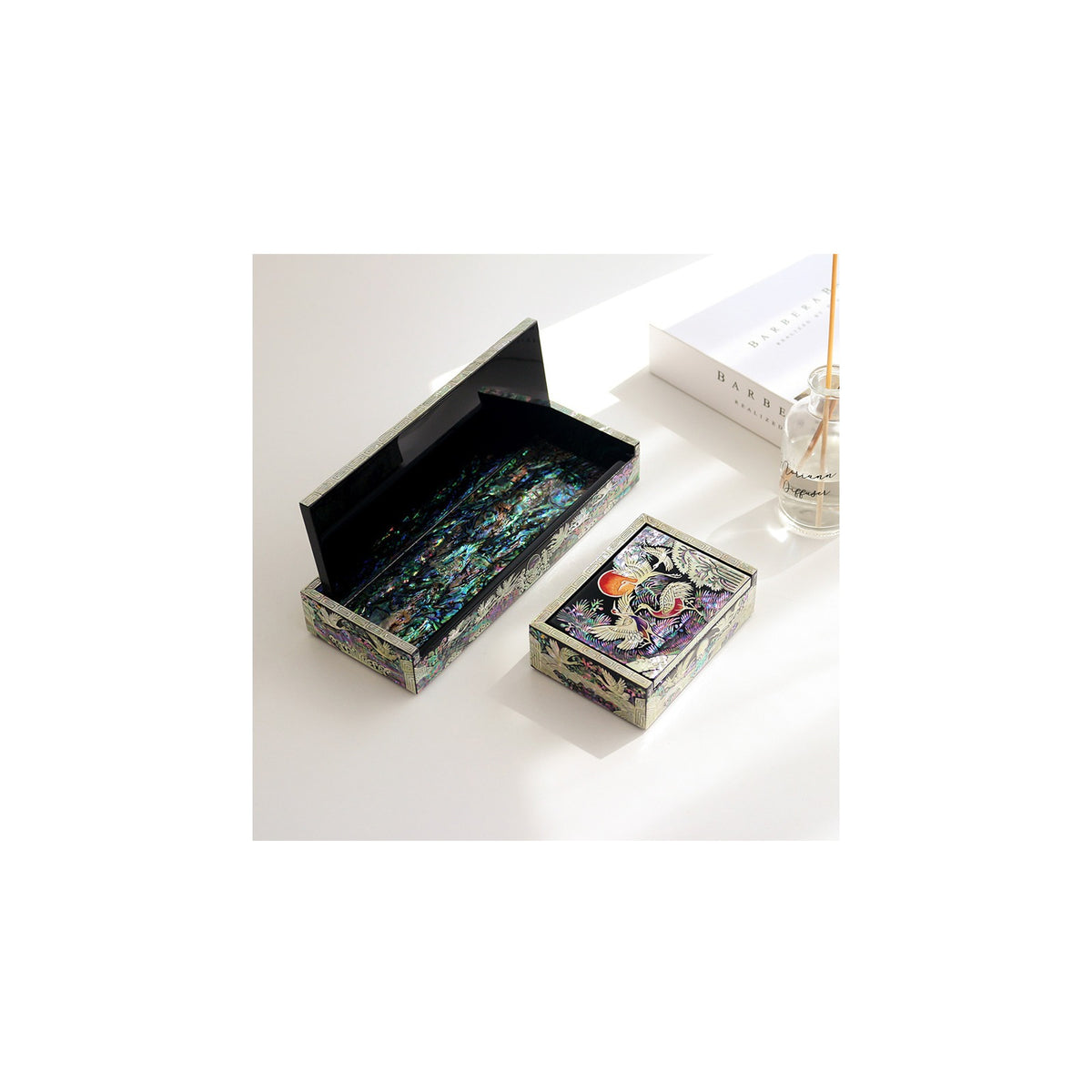 2-Piece Set: Premium Najeon Auto Open Pine & Crane Pen Case Business Card Case (Master Artisan Jang Tae-bok) – detail view 6 [KS-CUT:P0000KGS:963d22bdfb1e]