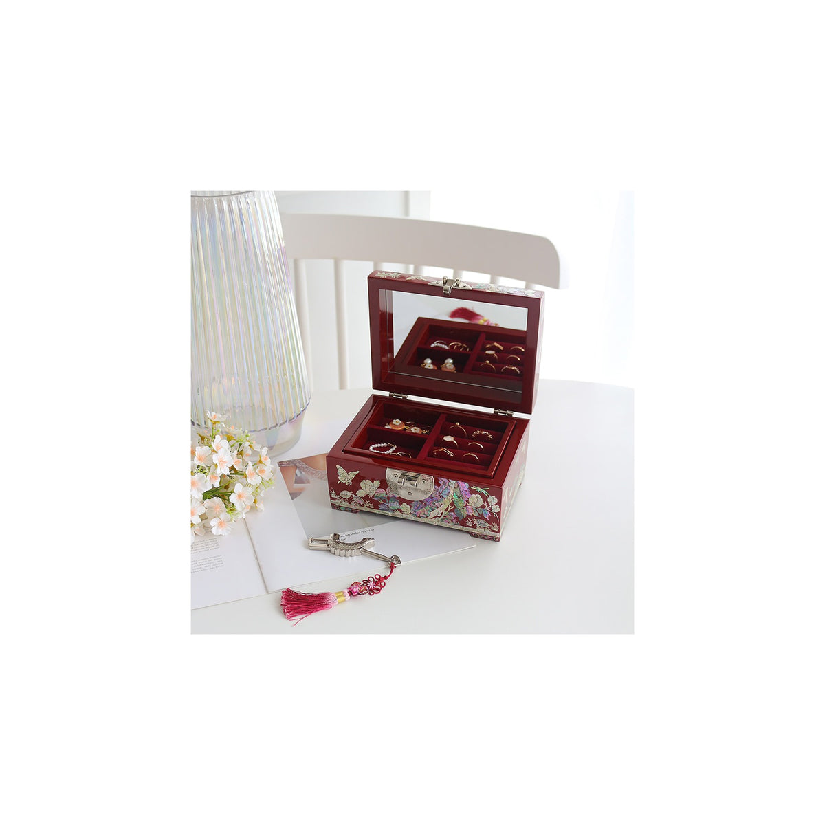 Premium 2 Tier Najeonchilgi Rounded Peony Red Mother of Pearl Jewelry Box Jewelry Box, 18 cm (Master Artisan Jang Tae-bok) – detail view 6 [KS-CUT:P0000LIQ:74ff551a6121]