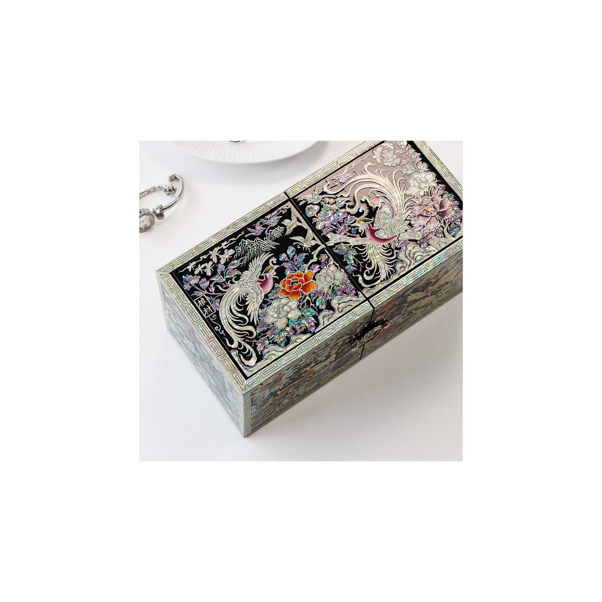 Masterpiece New Double Lidded Golden Pheasant Large Black Mother of Pearl Jewelry Box Jewelry Box – detail view 7 [KS-CUT:P0000GBM:39780f529f81]