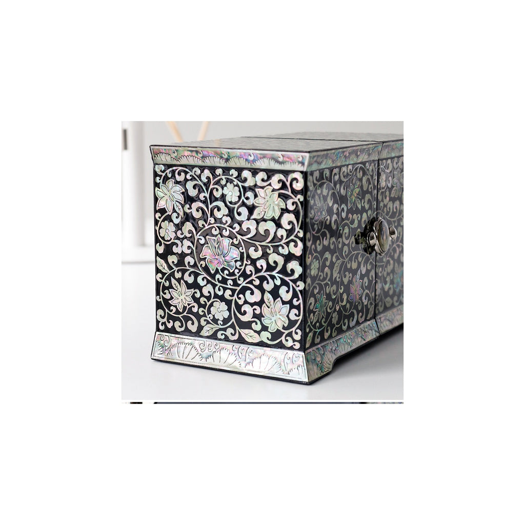 Masterpiece Peony Arabesque Seonbi Scholar Double Lidded Secret Mother of Pearl Jewelry Box Jewelry Box Najeonchilgi (Master Artisan Jang Tae-bok) – detail view 7 [KS-CUT:P0000PMG:0a414f99d948]